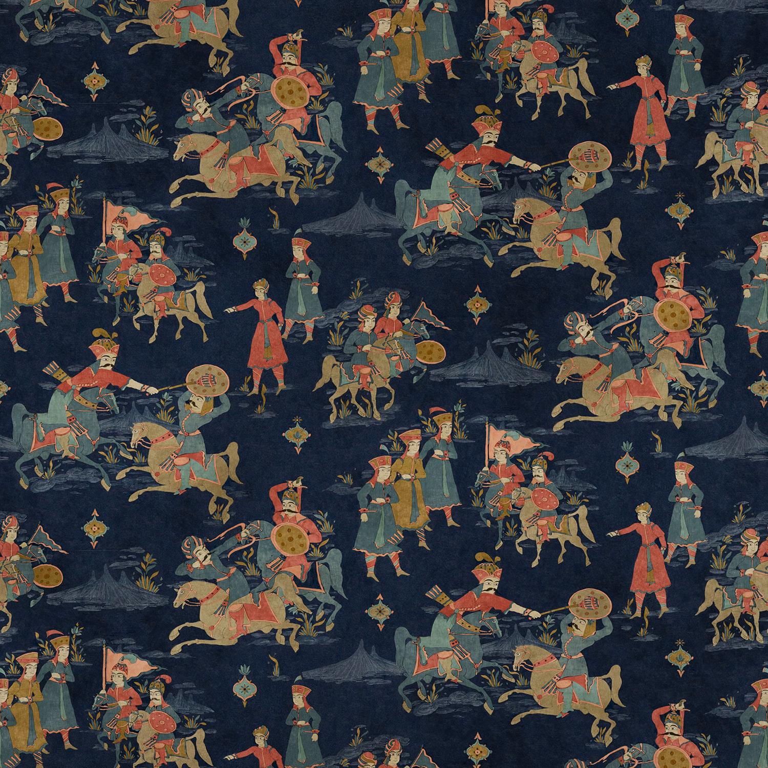 Deep indigo cotton print with mounted figures, horses and tiny ornamental motifs