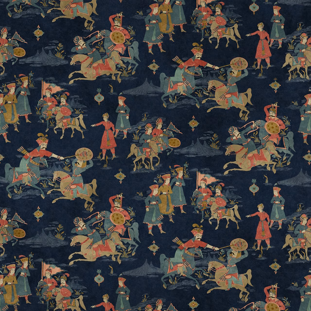 Deep indigo cotton print with mounted figures, horses and tiny ornamental motifs