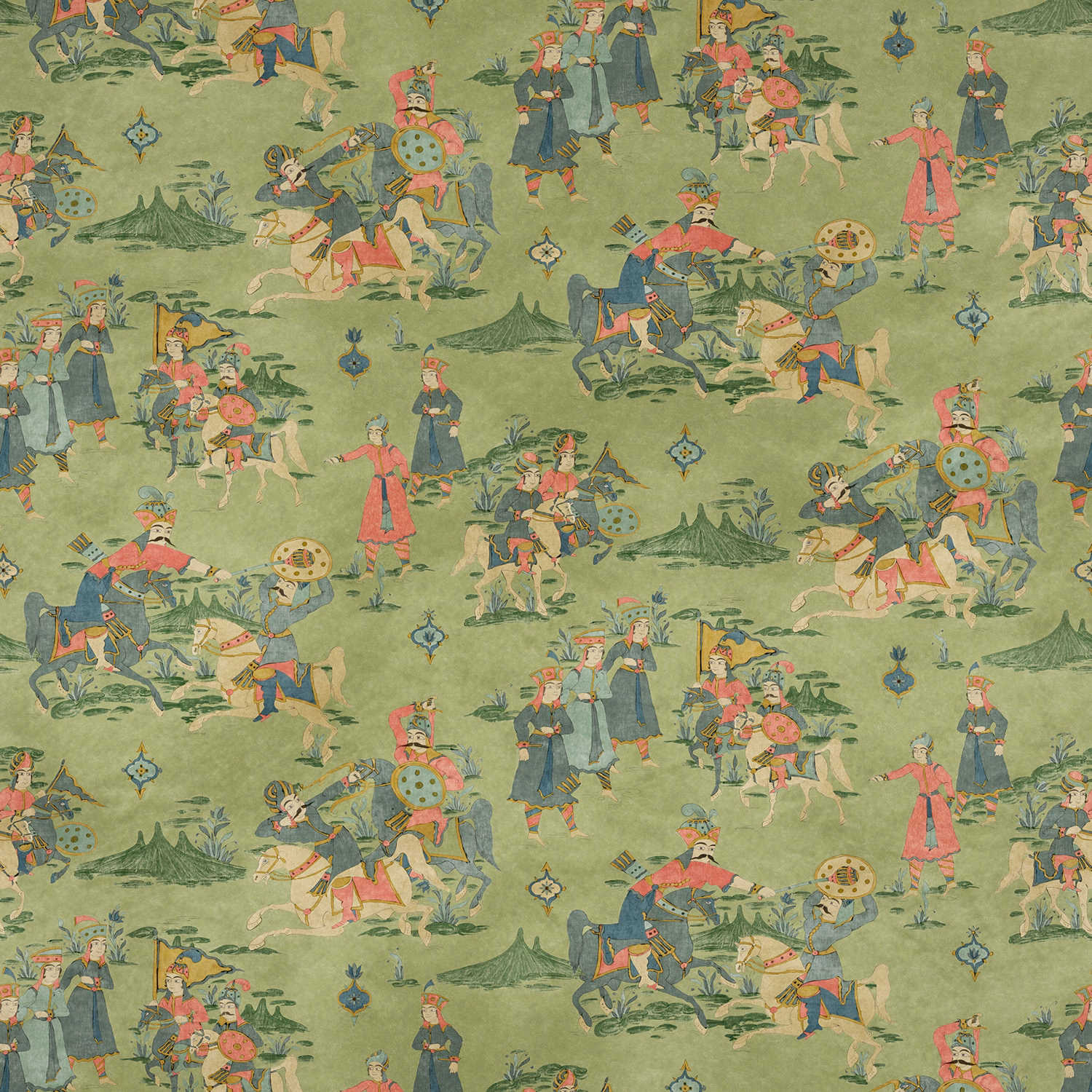 Muted sage-green scenic cotton print with mounted figures, horses, foliage and blue ornaments