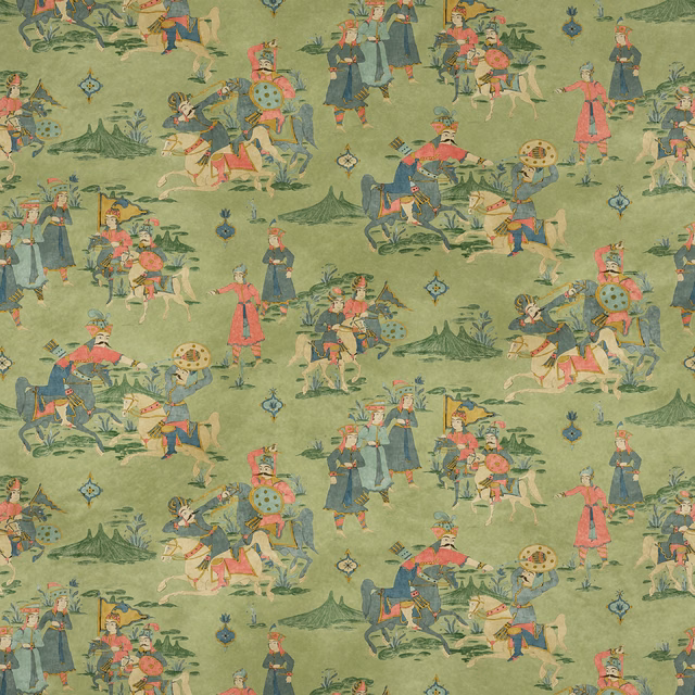 Muted sage-green scenic cotton print with mounted figures, horses, foliage and blue ornaments