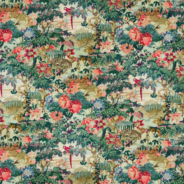 Aqua green jungle velvet with coral flowers, birds, palms and dense foliage