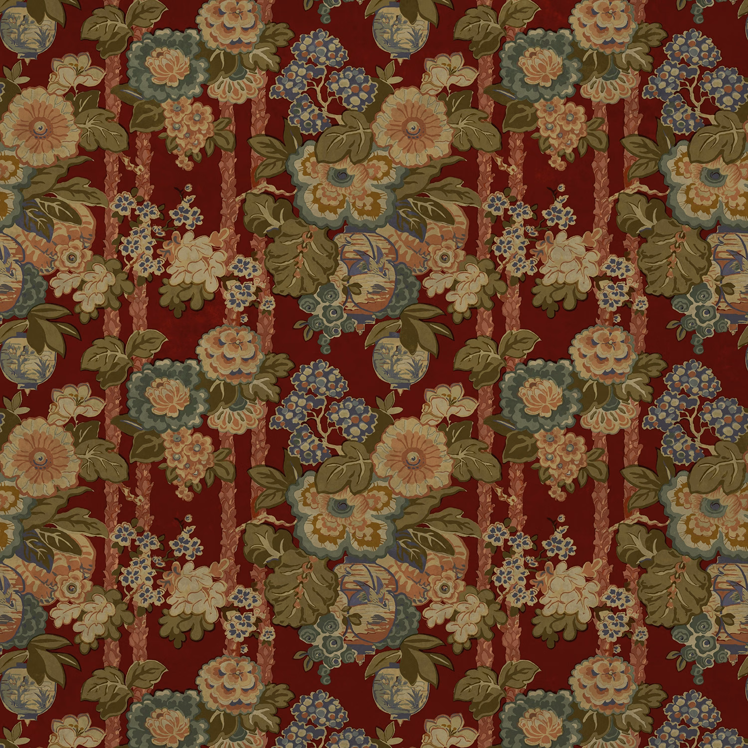 Rich burgundy red velvet with dense multicolour floral bouquets and leafy vines