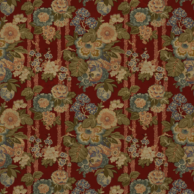 Rich burgundy red velvet with dense multicolour floral bouquets and leafy vines
