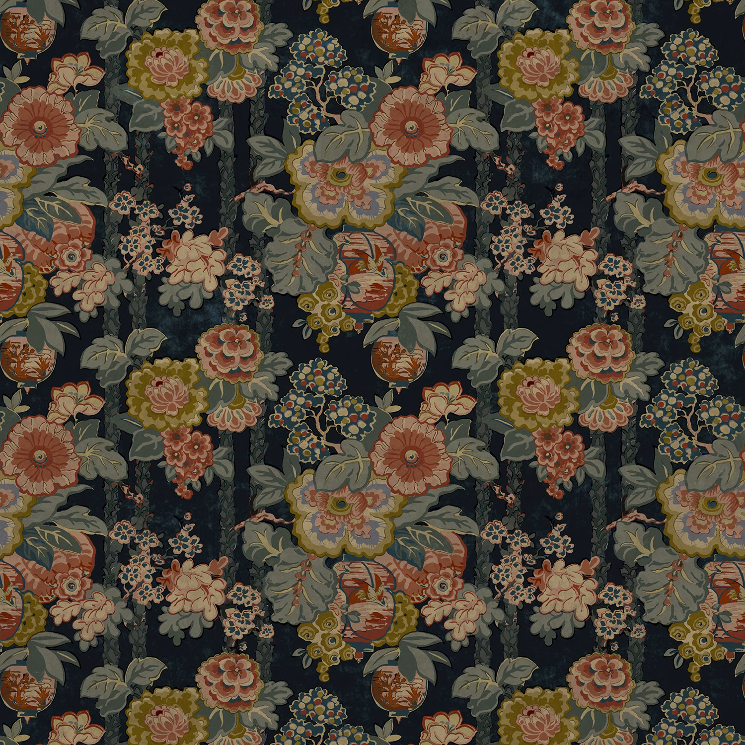 Dark teal velvet with densely packed coral, sage and ochre botanical flowers in repeat