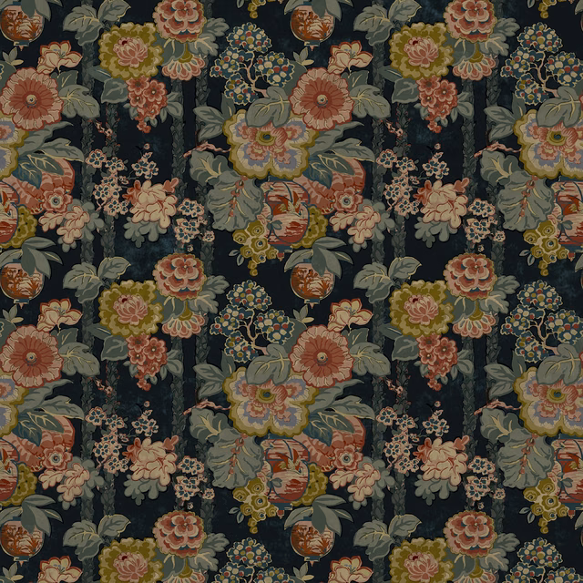 Dark teal velvet with densely packed coral, sage and ochre botanical flowers in repeat