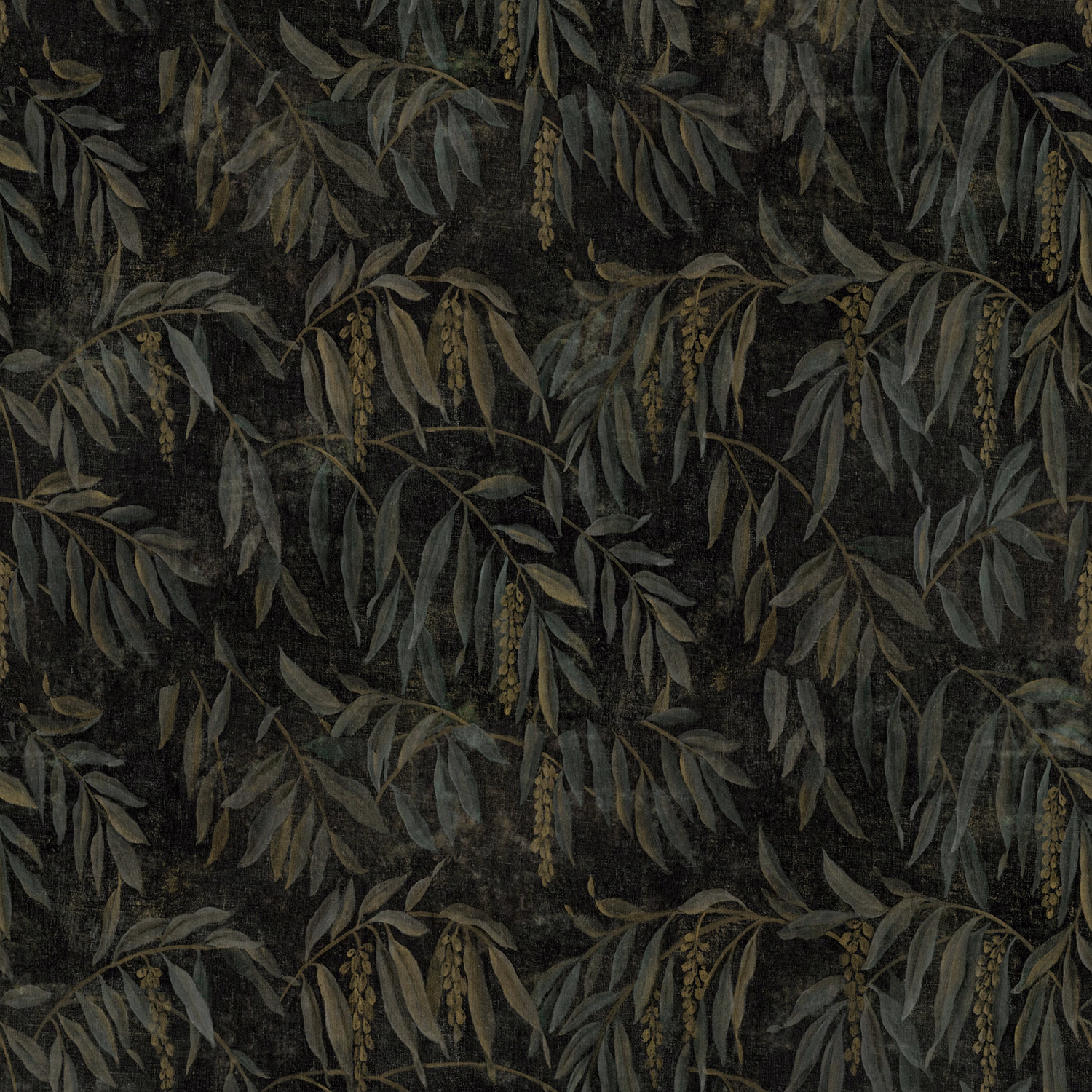 Charcoal botanical fabric with grey-green leaves and muted ochre hanging seed clusters
