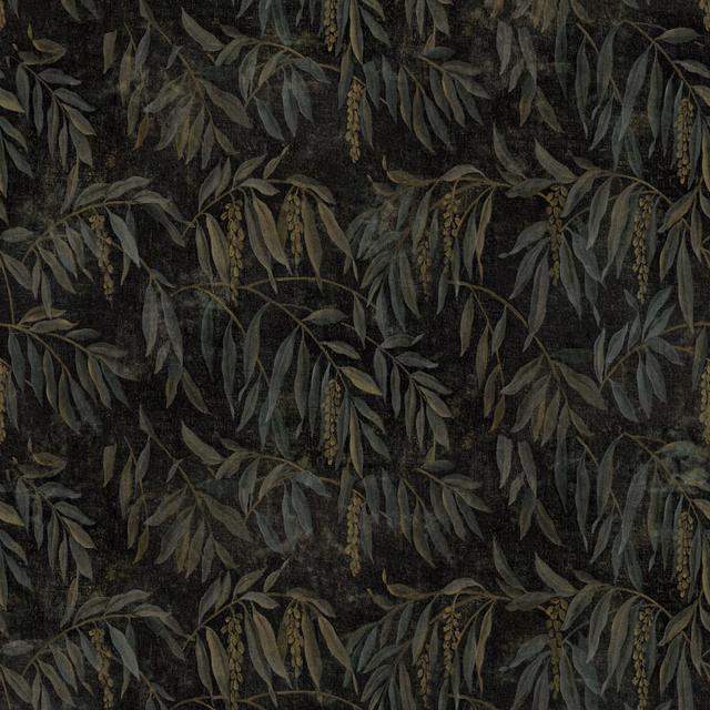Charcoal botanical fabric with grey-green leaves and muted ochre hanging seed clusters