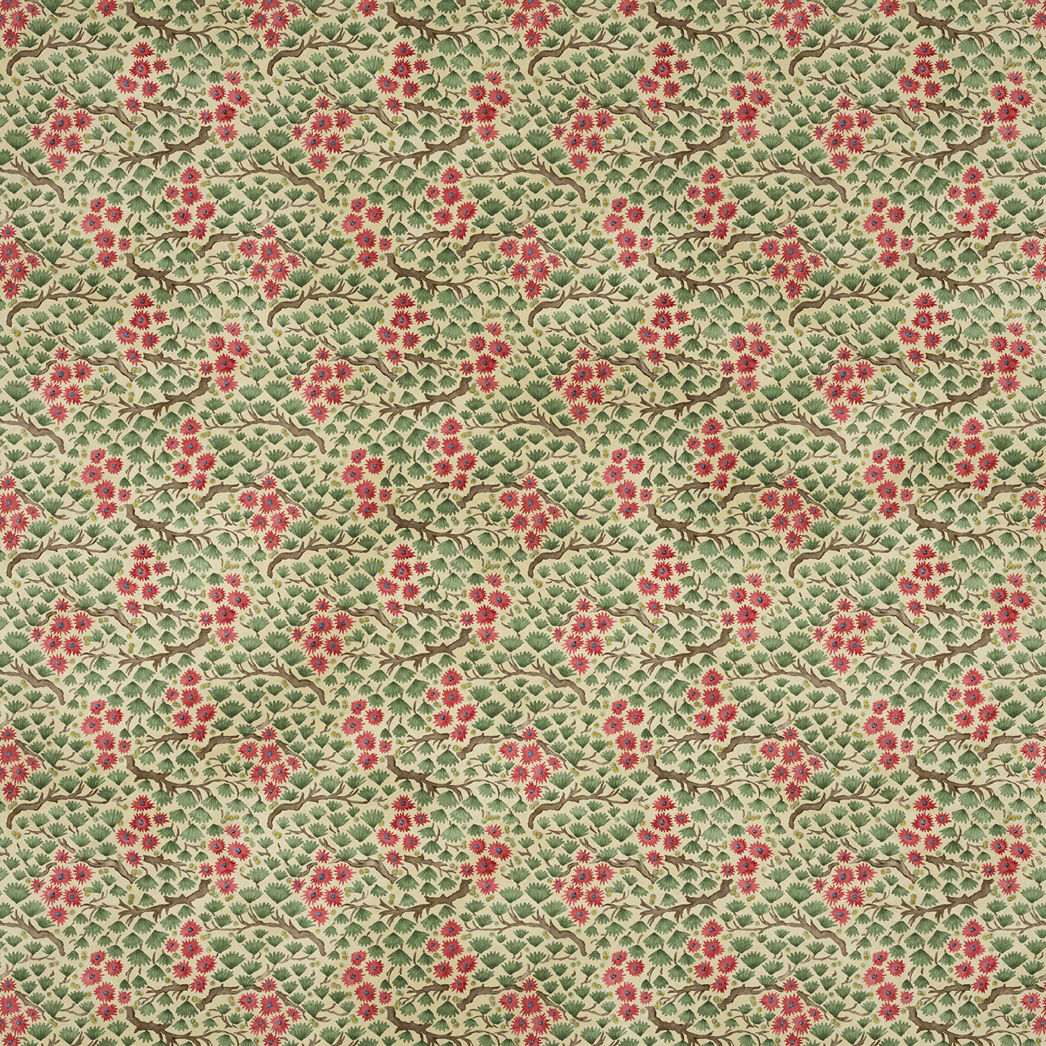 Sage green cotton with repeating pink berry flowers and leafy botanical trails