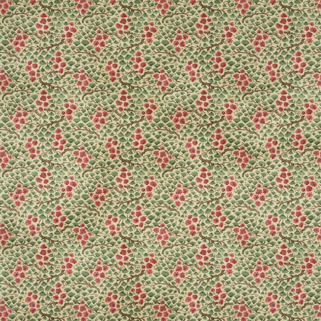 Sage green cotton with repeating pink berry flowers and leafy botanical trails