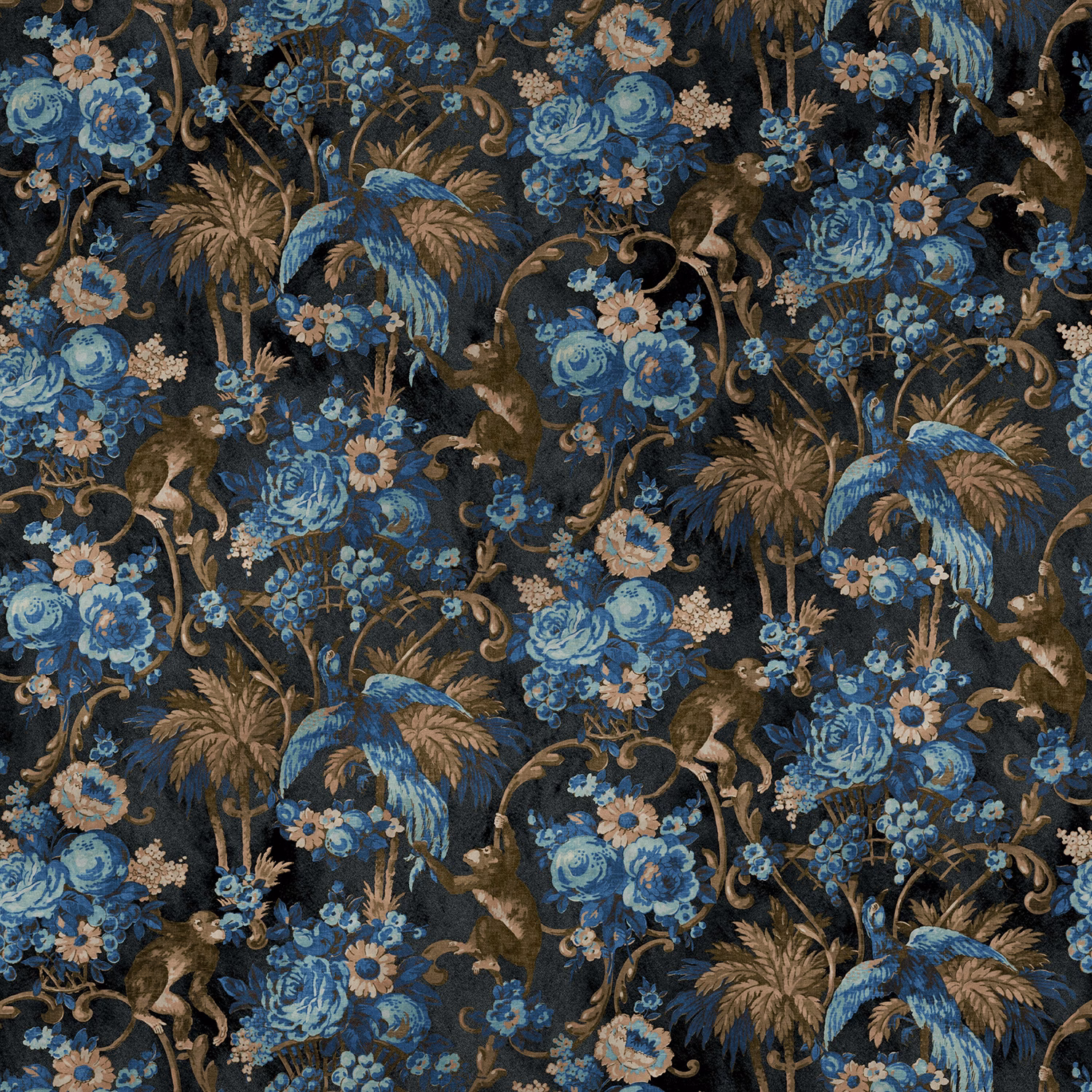 Dense blue floral and monkey print on a richly textured near-black fabric