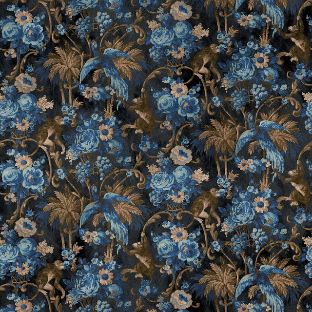 Dense blue floral and monkey print on a richly textured near-black fabric