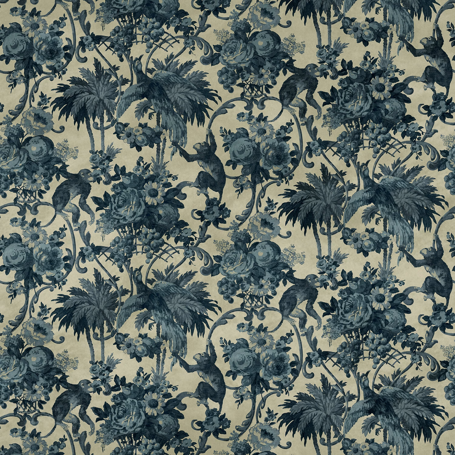 Muted old-blue fabric with monkeys, palms, fruit and dense dark botanical foliage