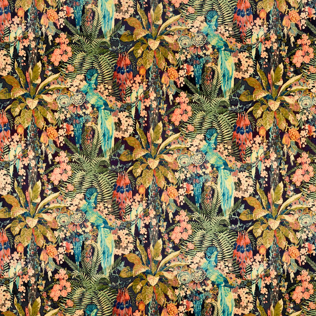 Dark velvet swatch with turquoise plumes, coral flowers and dense tropical fern foliage
