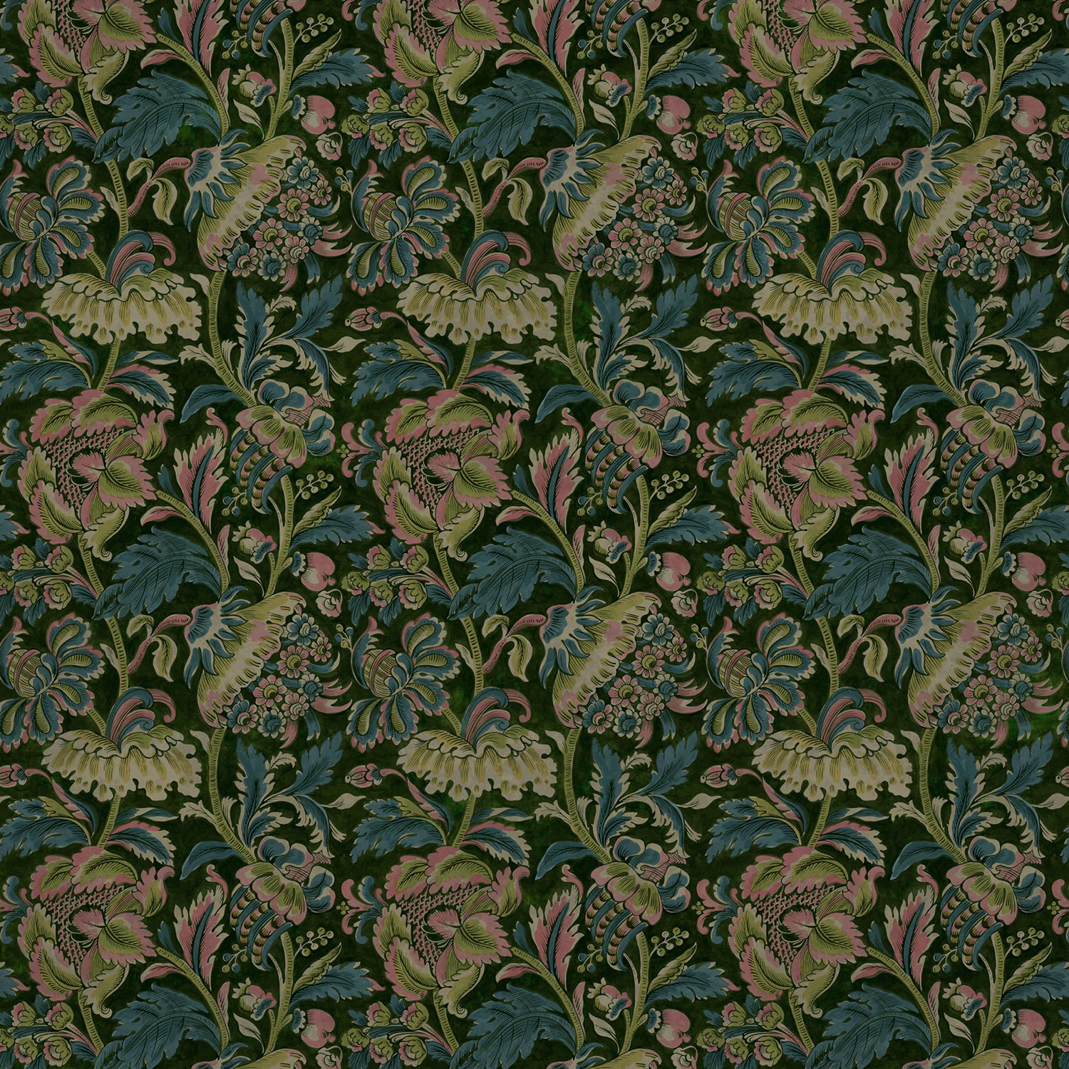 Dark emerald fabric with pink flowers, blue-green leaves and curling botanical stems