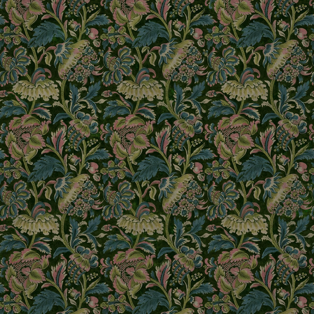 Dark emerald fabric with pink flowers, blue-green leaves and curling botanical stems