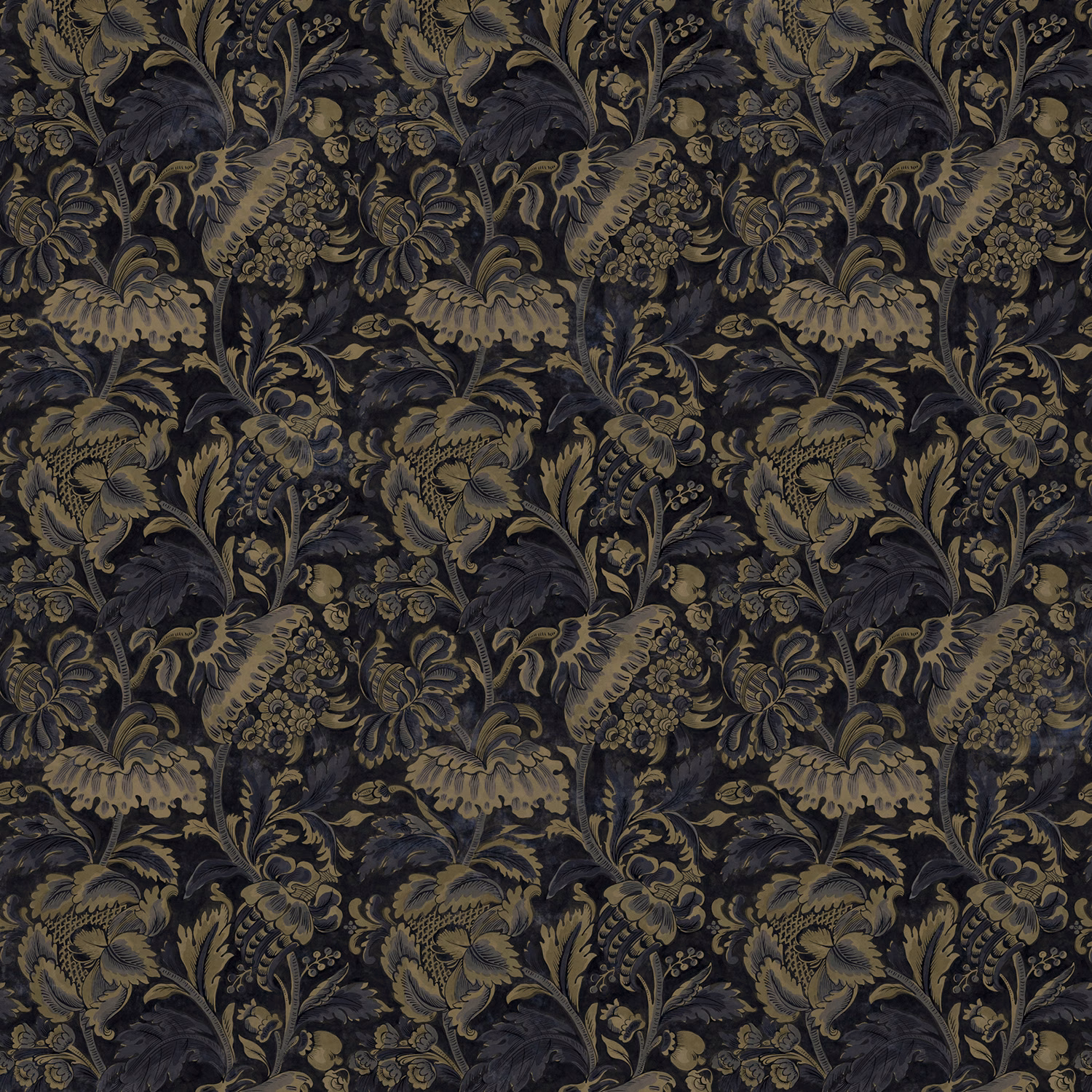 Dark indigo floral velvet with muted olive, taupe and lilac botanical motifs
