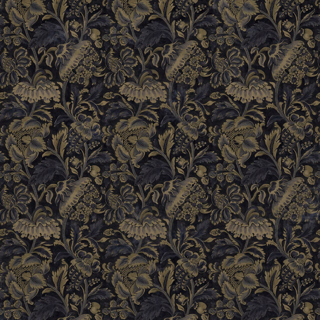 Dark indigo floral velvet with muted olive, taupe and lilac botanical motifs