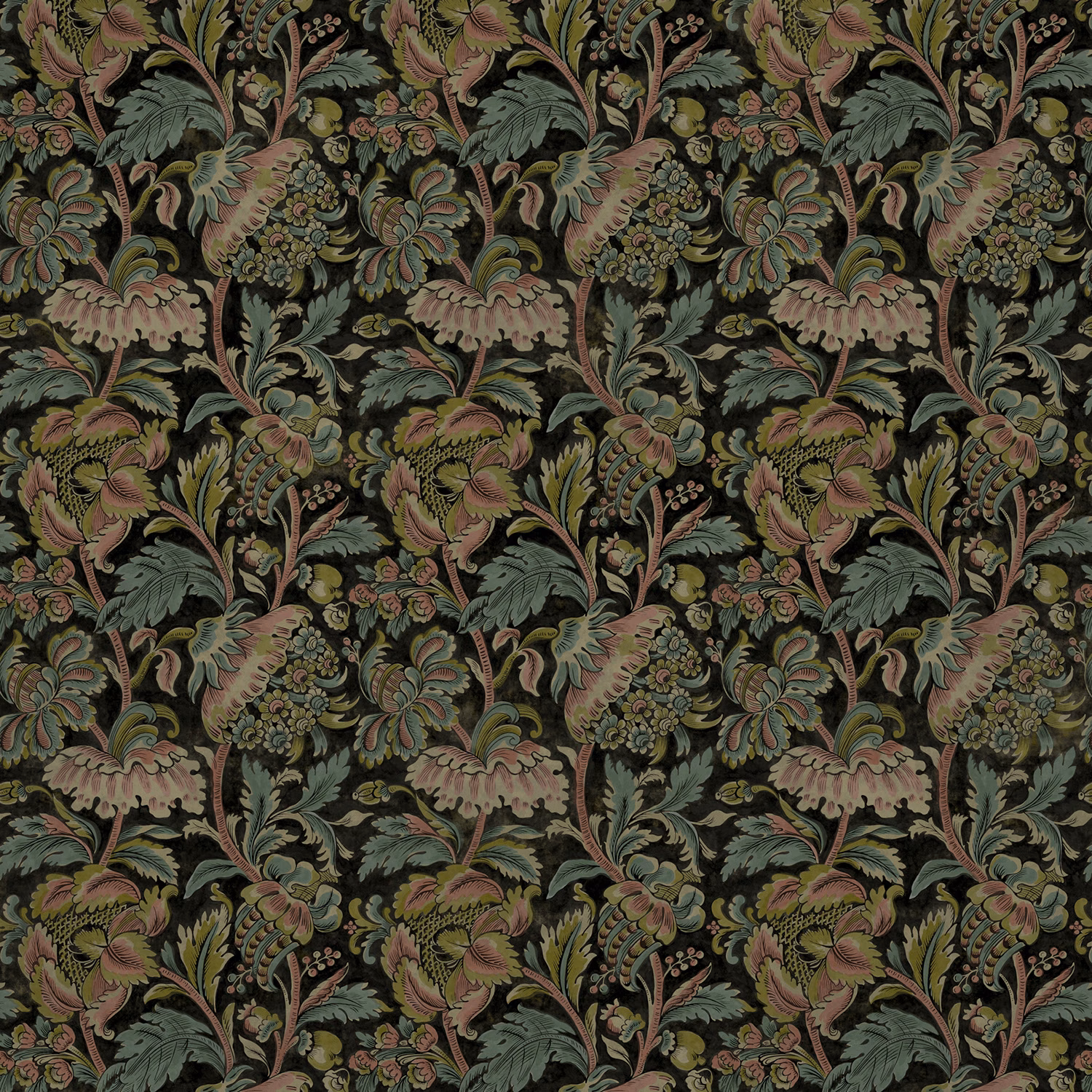 Sage, dusty rose and lemon botanical scrolls on a dark charcoal ground