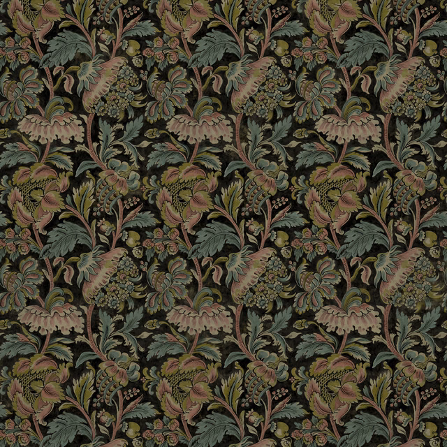 Sage, dusty rose and lemon botanical scrolls on a dark charcoal ground