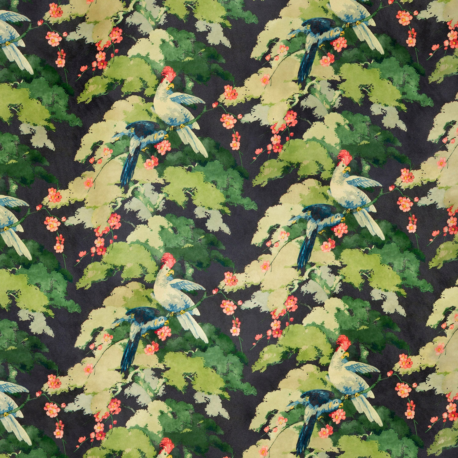 Navy fabric with pale birds, lime-green foliage and coral blossom clusters
