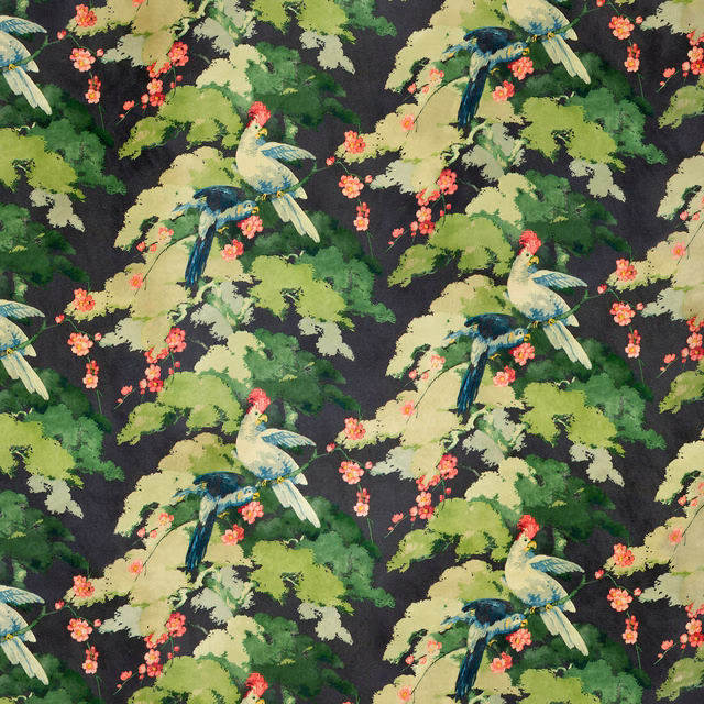 Navy fabric with pale birds, lime-green foliage and coral blossom clusters