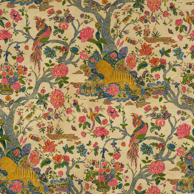 Cream-ground Wild Multi fabric with tiger, birds, flowers and branching foliage