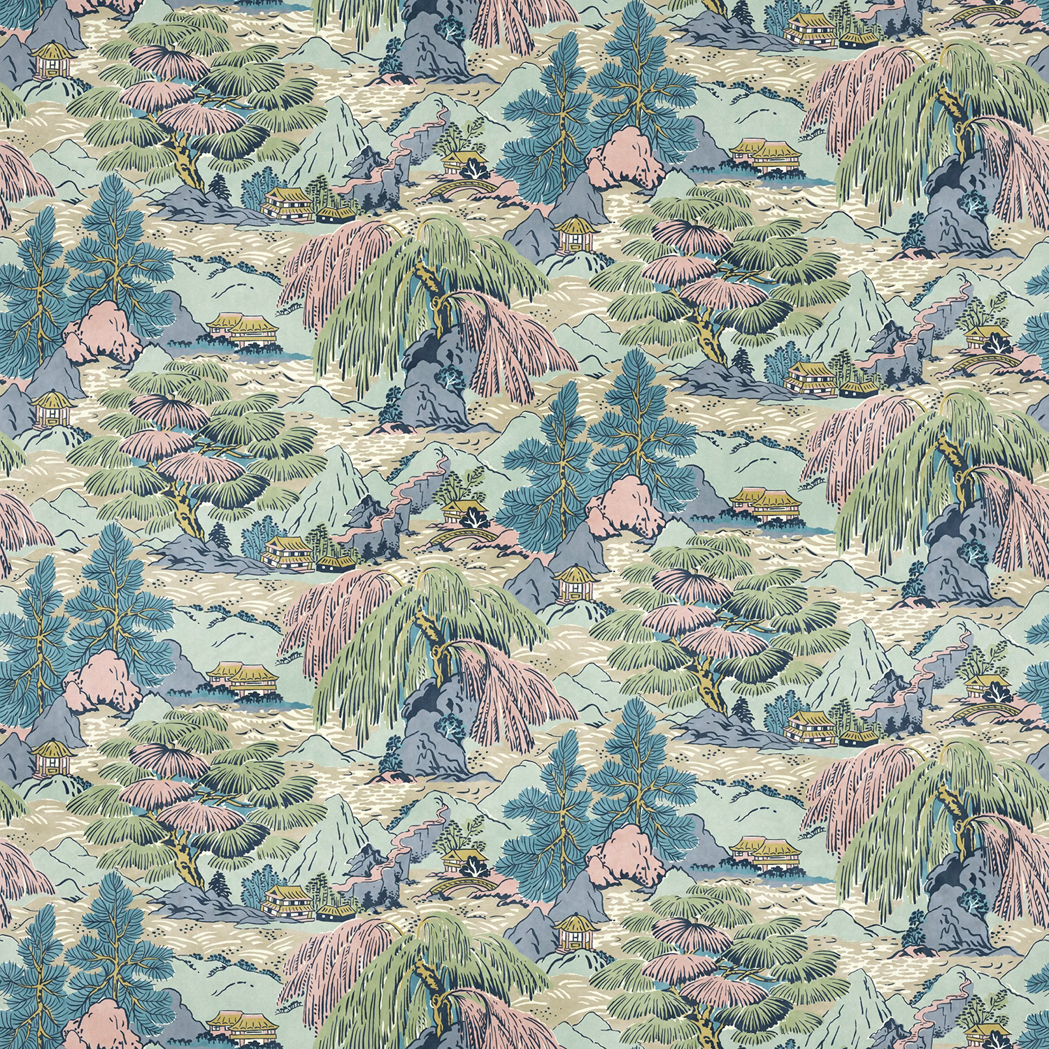 Pastel aqua scenic velvet with pink willows, blue pines and illustrated mountain landscape