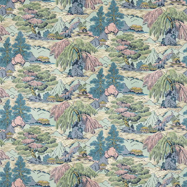 Pastel aqua scenic velvet with pink willows, blue pines and illustrated mountain landscape