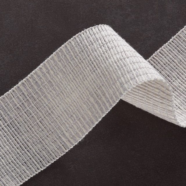 Pale dove-grey woven swatch with narrow vertical ribs and a softly curled edge