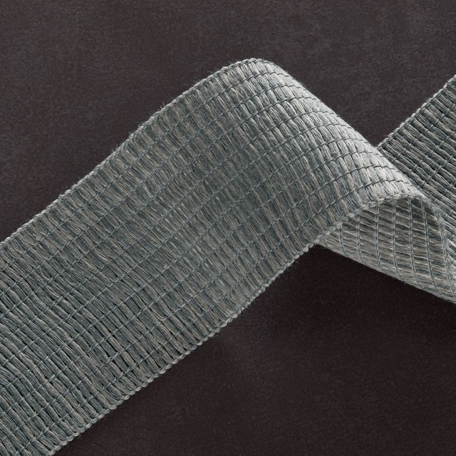 Cool blue-grey fabric swatch showing a tightly ribbed woven texture in a folded loop