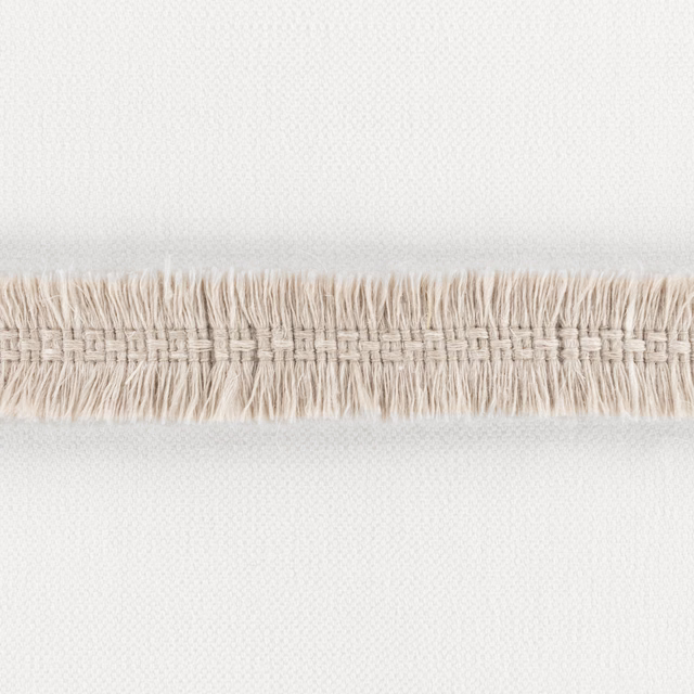 Pale plaster ivory woven textile with a horizontal cream fringe band