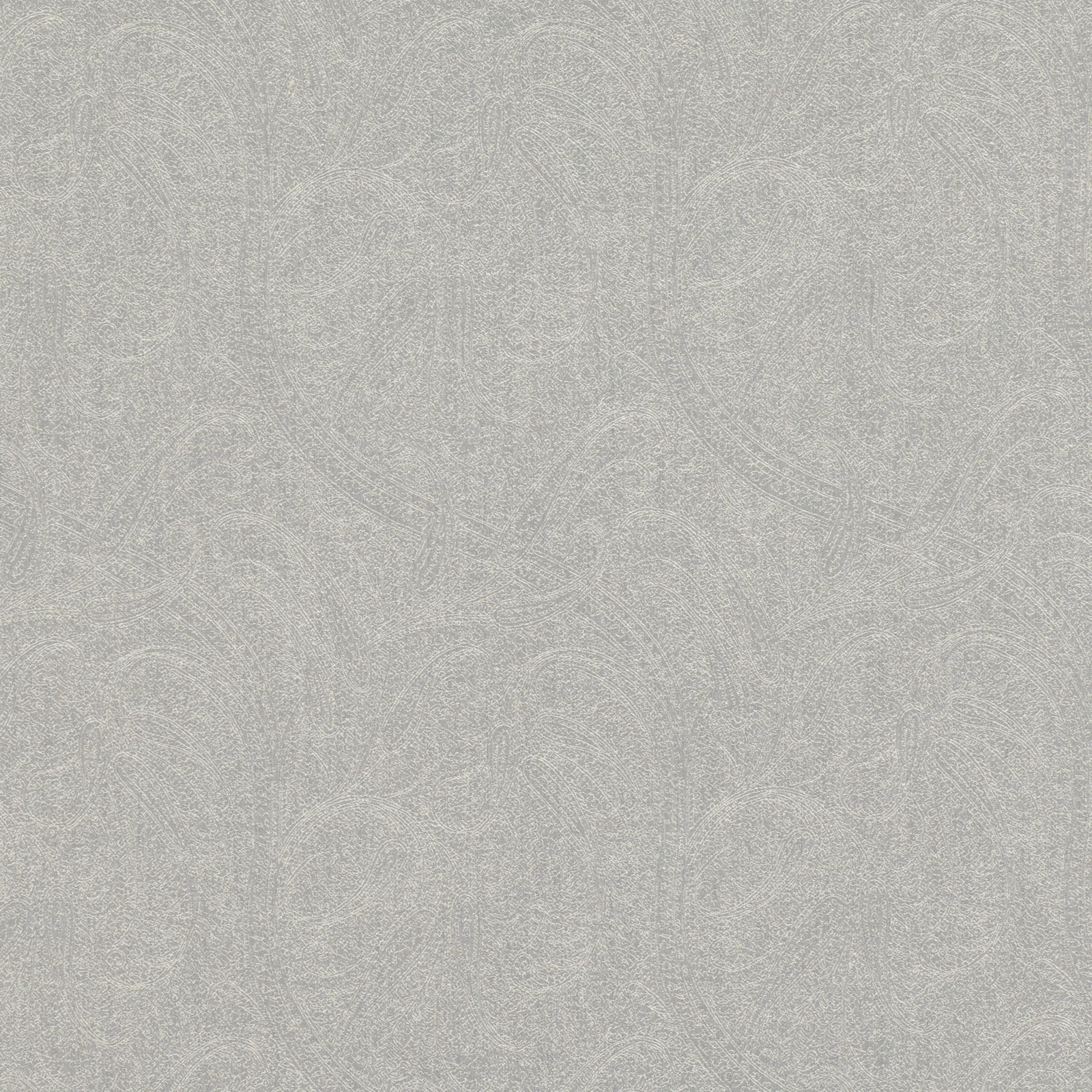 Pale dove-grey textile with faint scrolling motifs and a softly textured woven surface