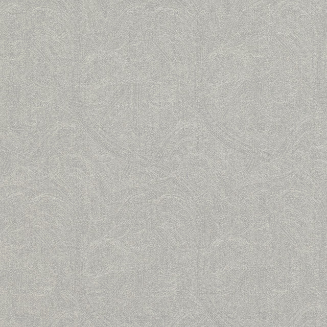 Pale dove-grey textile with faint scrolling motifs and a softly textured woven surface
