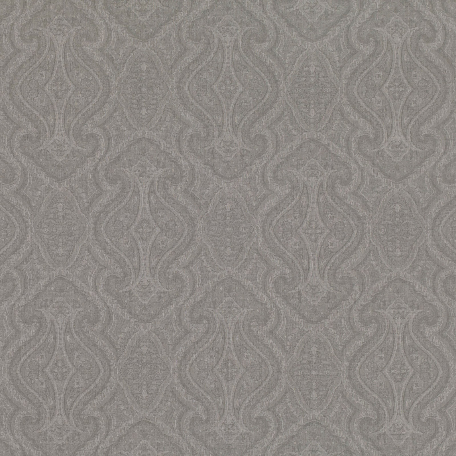 Cool storm-grey woven paisley with tonal raised scrolls and fine texture