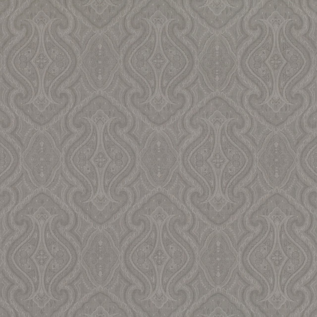 Cool storm-grey woven paisley with tonal raised scrolls and fine texture