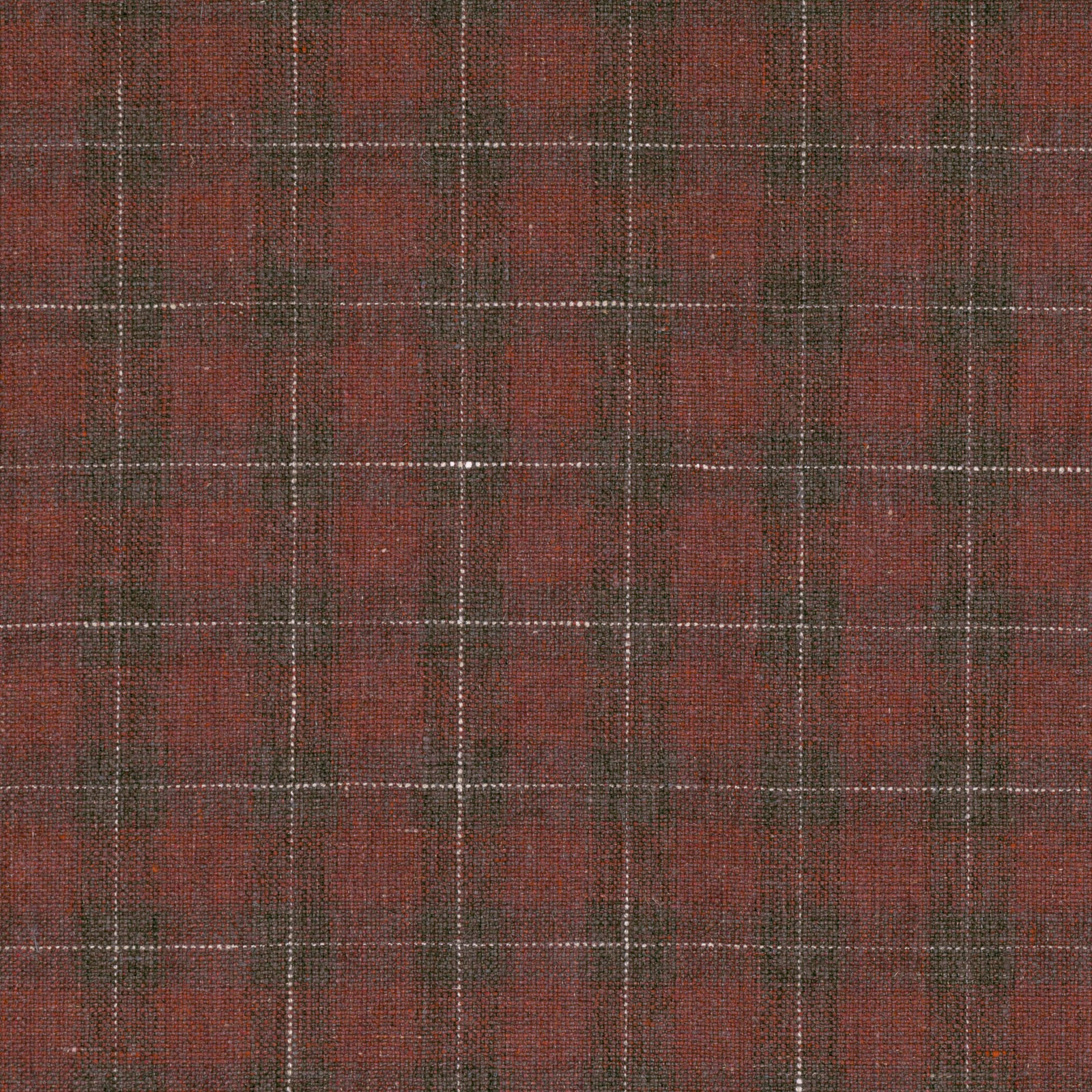 Dusky raspberry woven check with charcoal and olive-grey lines and nubby texture