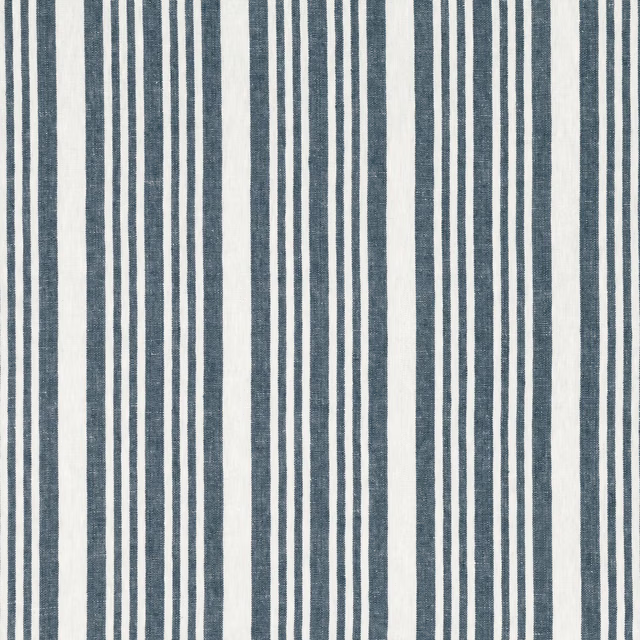 Muted ocean-blue and ivory vertical stripes with a softly textured woven surface