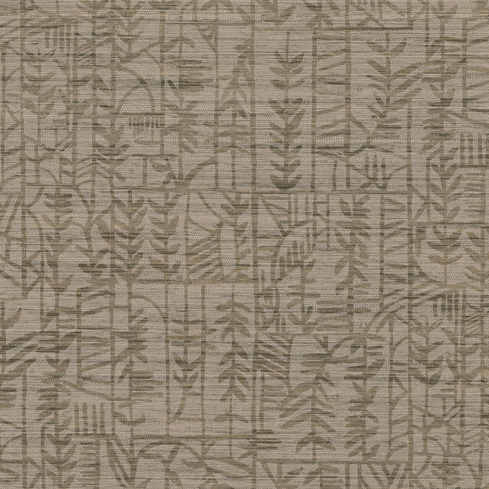 Muted ochre khaki wallpaper with layered botanical linework and geometric grid marks
