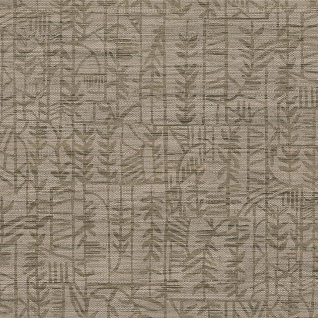 Muted ochre khaki wallpaper with layered botanical linework and geometric grid marks