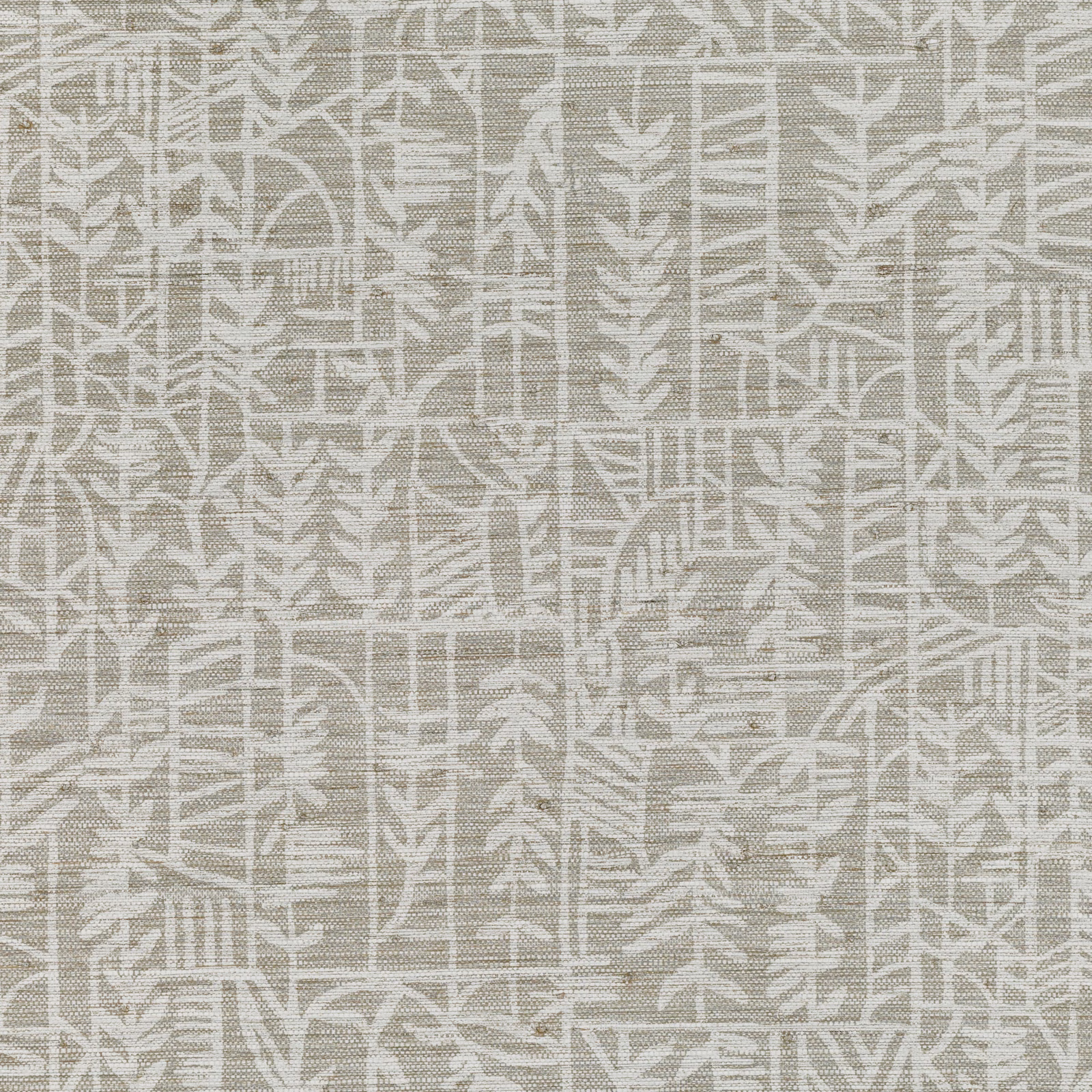 Warm sepia taupe wallpaper with ivory botanical, grid and arch motifs