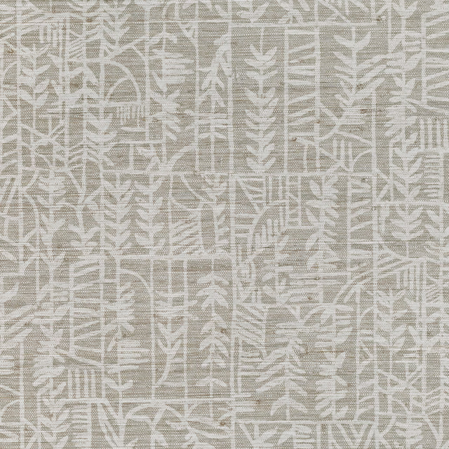 Warm sepia taupe wallpaper with ivory botanical, grid and arch motifs