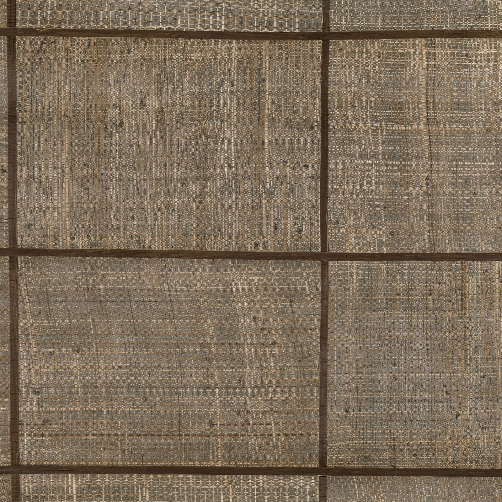 Warm chestnut wallpaper with taupe woven texture and dark rectangular grid lines