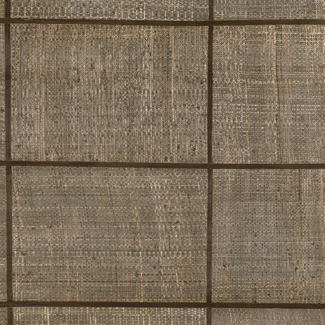 Warm chestnut wallpaper with taupe woven texture and dark rectangular grid lines