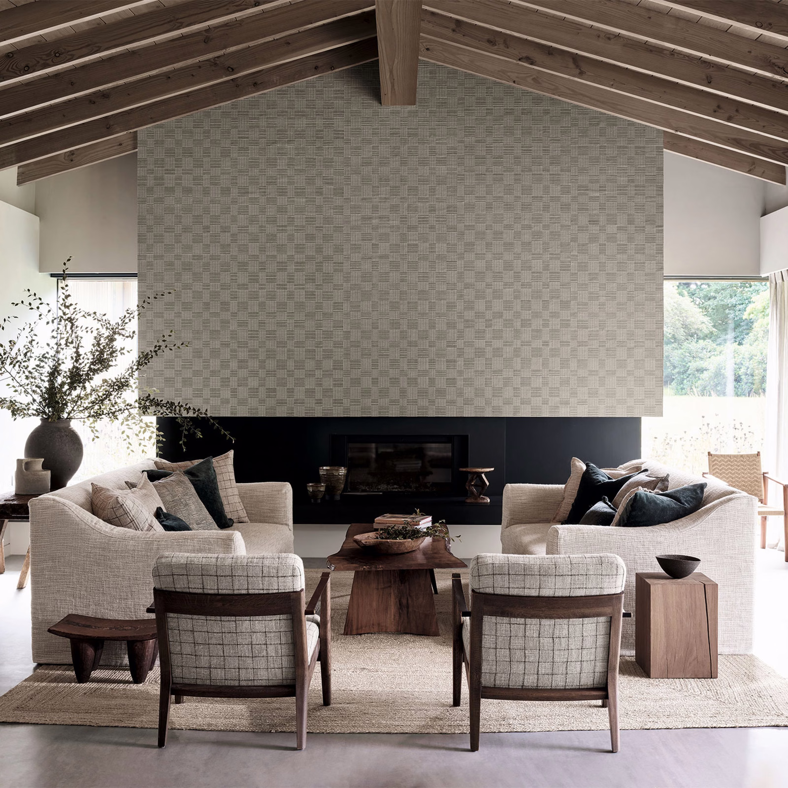 Soft stone-grey basketweave check wallpaper shown across a bright living-room feature wall