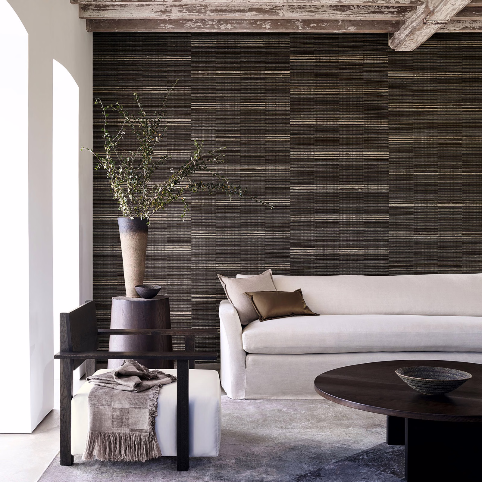Dark chestnut wallpaper with fine horizontal lines and stepped rectangular blocks