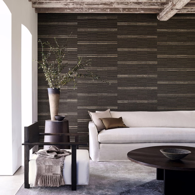Dark chestnut wallpaper with fine horizontal lines and stepped rectangular blocks