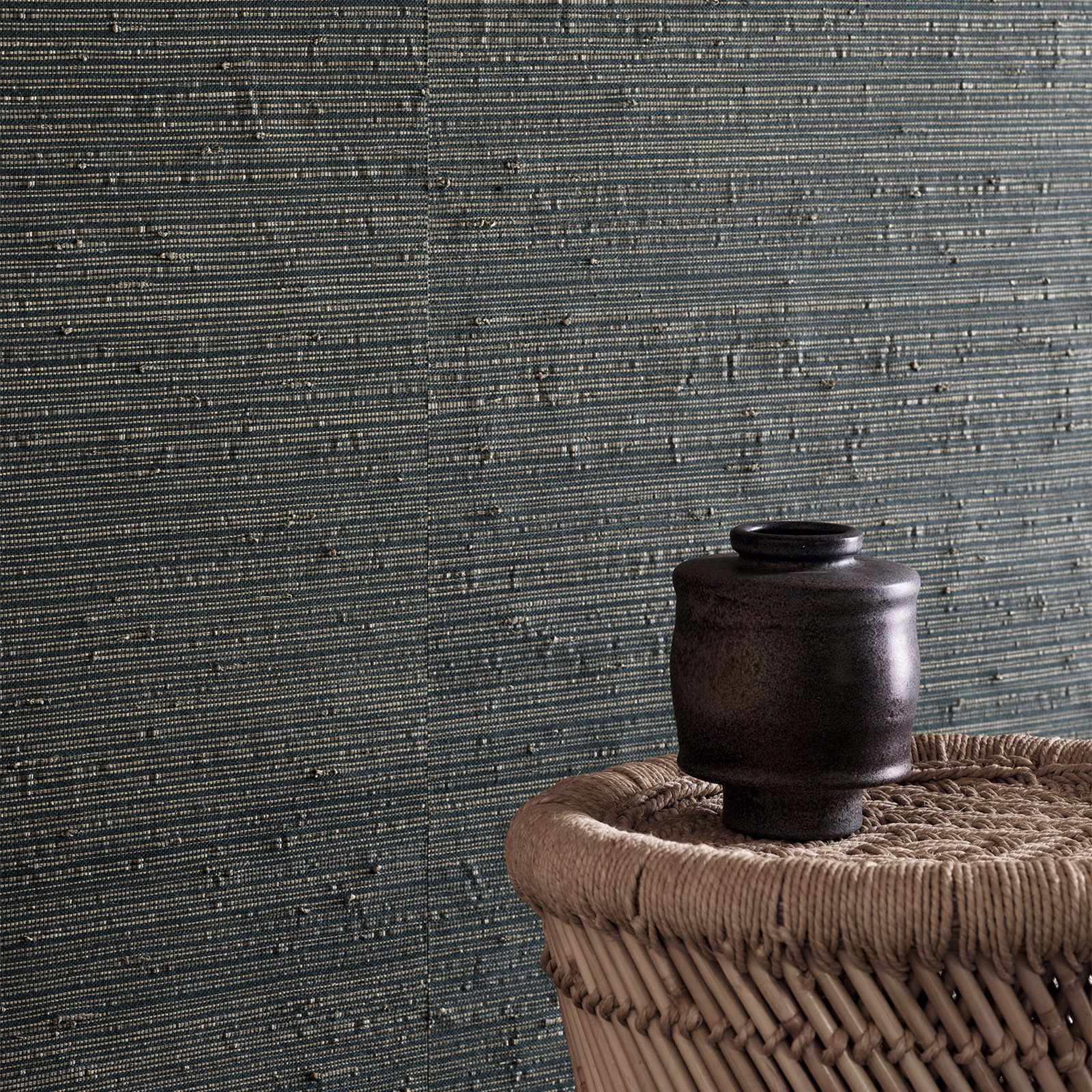 Deep Atlantic blue-grey wallpaper with fine horizontal rush-like striations and subtle flecks