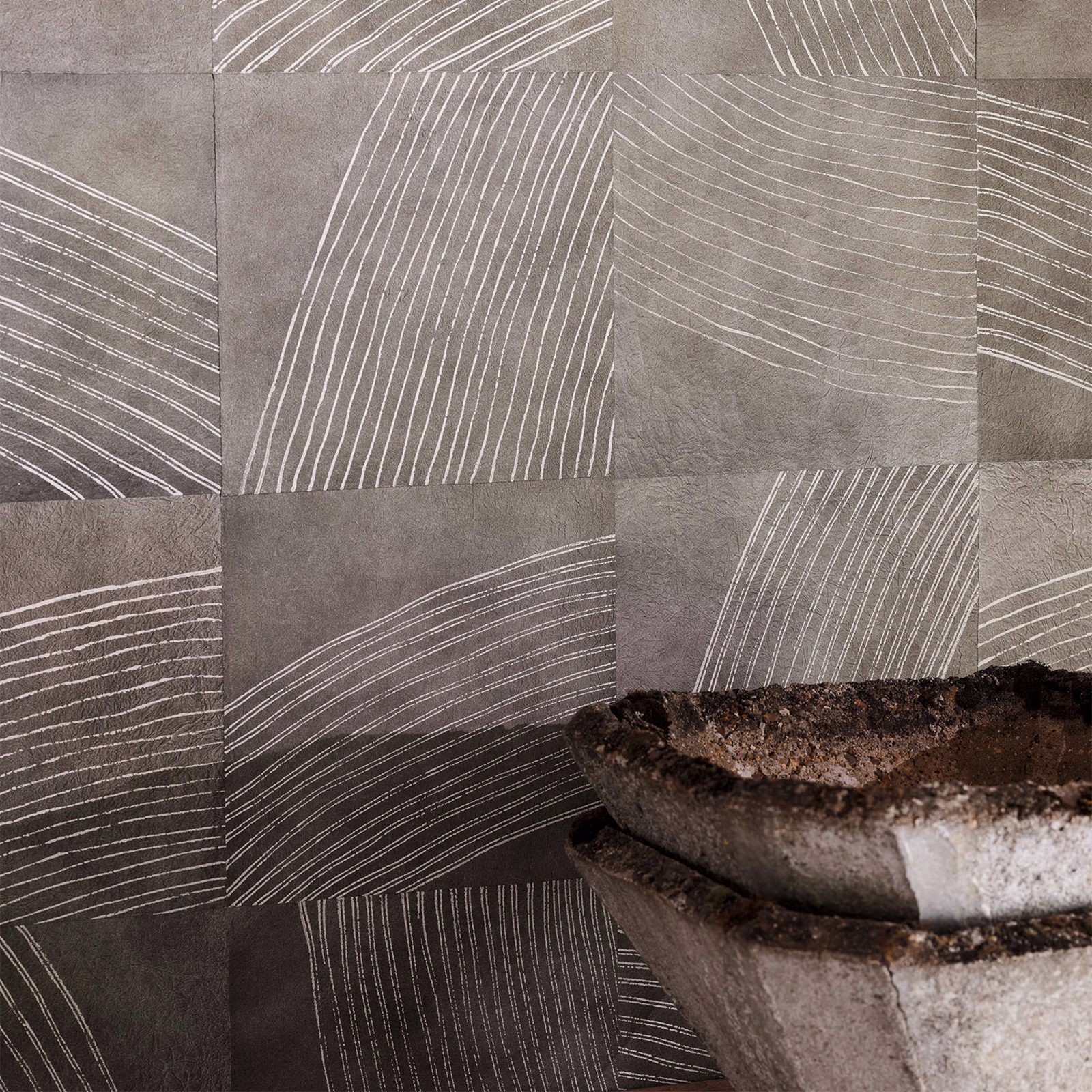 Taupe-grey Collage Ii wallpaper with ivory curved lines across tonal rectangular panels