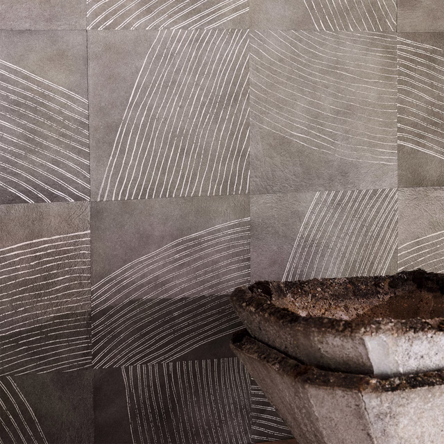 Taupe-grey Collage Ii wallpaper with ivory curved lines across tonal rectangular panels