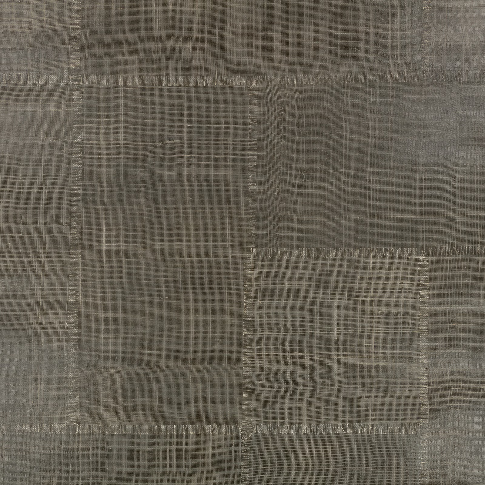 Muted pewter grey patchwork wallpaper with fine crosshatched, woven-look rectangular panels
